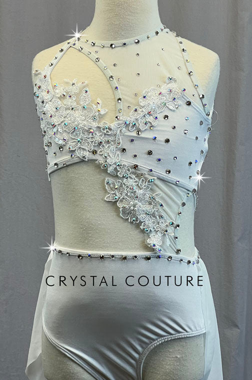 Custom White Connected Two PIece with Back Skirt and Asymmetrical Mesh - Rhinestones
