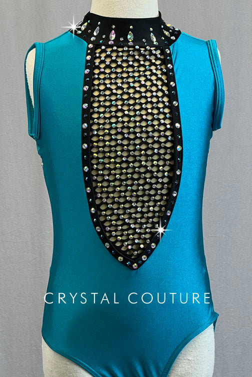 Teal Mock Neck Leotard with Wide Mesh Inserts - Rhinestones
