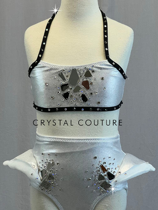 Custom Metallic Silver Two Piece with Mirror Pieces and Hip Padding - Rhinestones