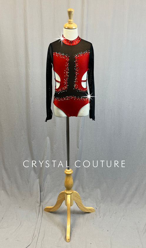 Custom Red Leotard with Black Mesh Sleeves and Cutouts - Rhinestones Crystal Couture Custom Red Leotard with Black Mesh Sleeves and Cutouts - Rhinestones Crystal Couture