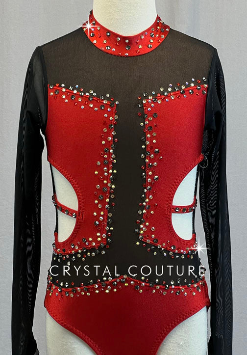 Custom Red Leotard with Black Mesh Sleeves and Cutouts - Rhinestones