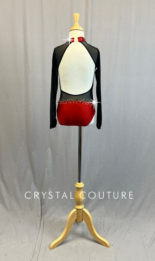 Custom Red Leotard with Black Mesh Sleeves and Cutouts - Rhinestones