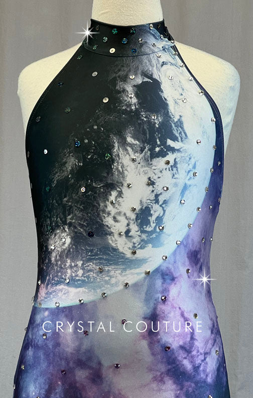 Purple and Black Moon in Galaxy Printed Unitard - Rhinestones