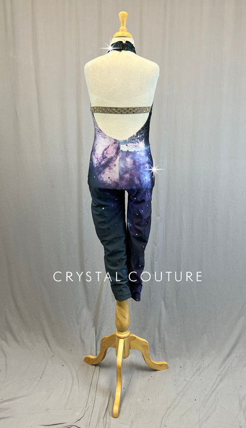 Purple and Black Moon in Galaxy Printed Unitard - Rhinestones