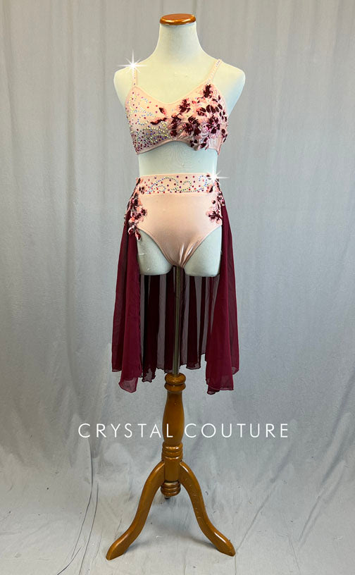 Baby Pink Bra Top and Trunks with Maroon Back Skirt and Appliques - Rhinestones
