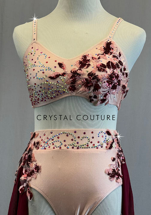 Baby Pink Bra Top and Trunks with Maroon Back Skirt and Appliques - Rhinestones