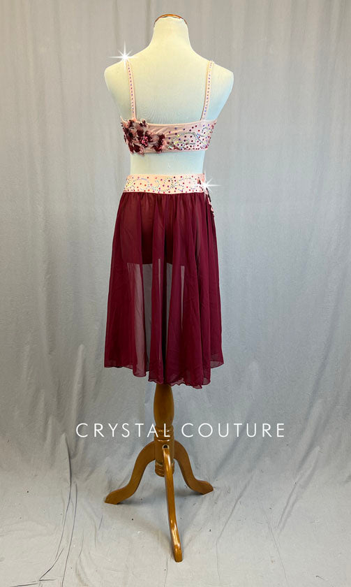 Baby Pink Bra Top and Trunks with Maroon Back Skirt and Appliques - Rhinestones