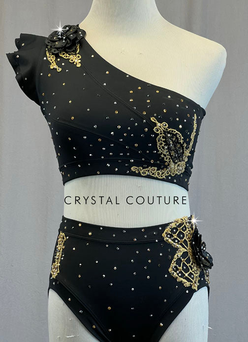 Black One Shoulder Top and Trunks with Gold Appliques - Rhinestones