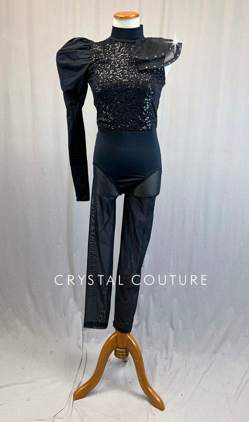 Black Unitard with Asymmetrical Sleeves and Mesh Pants - Rhinestones