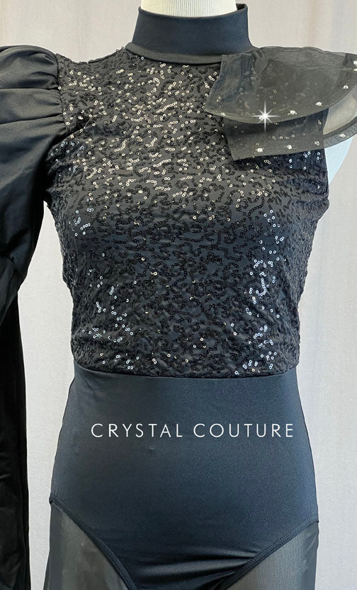 Black Unitard with Asymmetrical Sleeves and Mesh Pants - Rhinestones