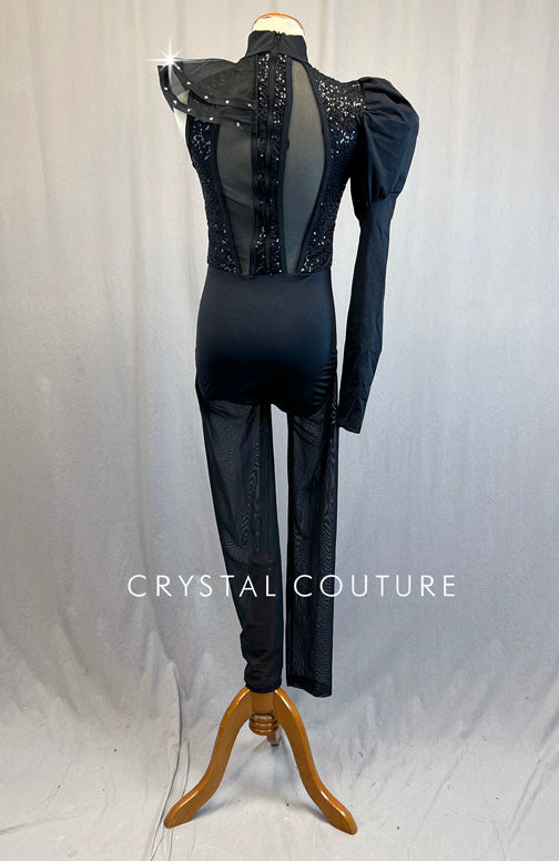 Black Unitard with Asymmetrical Sleeves and Mesh Pants - Rhinestones