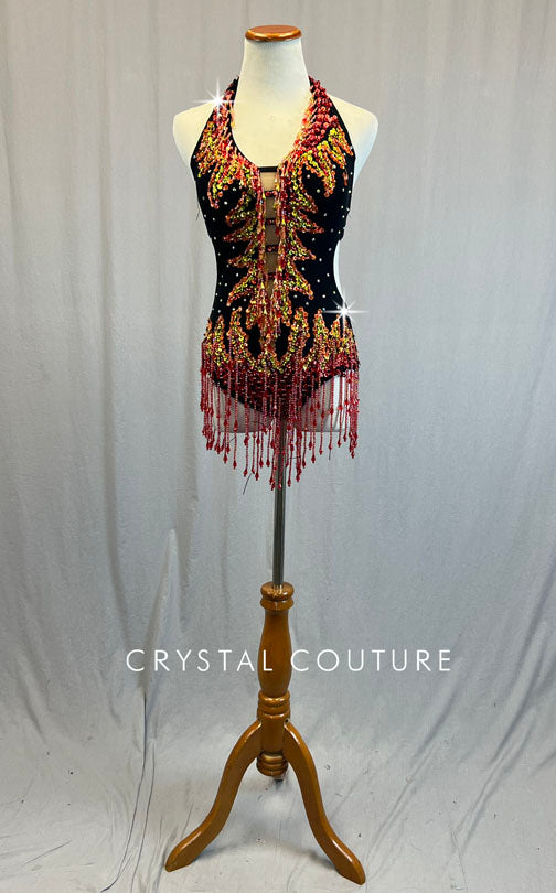 Black Halter Leotard with Red, Orange, & Yellow Beaded Appliques and Fringe - Rhinestones