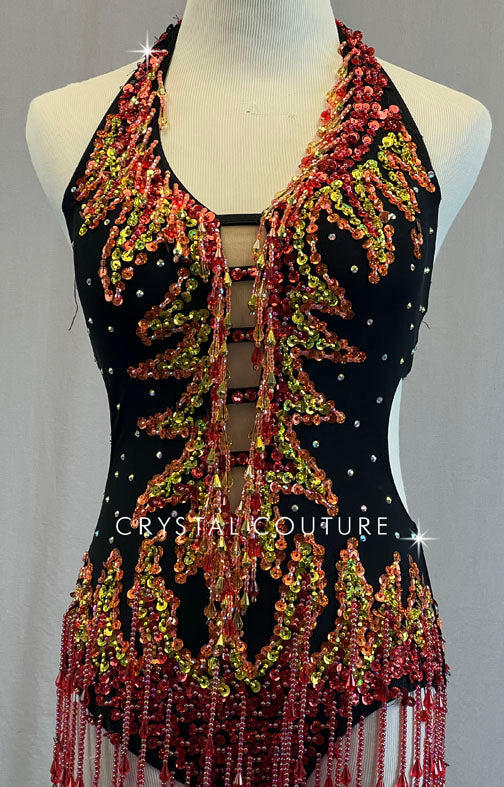 Black Halter Leotard with Red, Orange, & Yellow Beaded Appliques and Fringe - Rhinestones