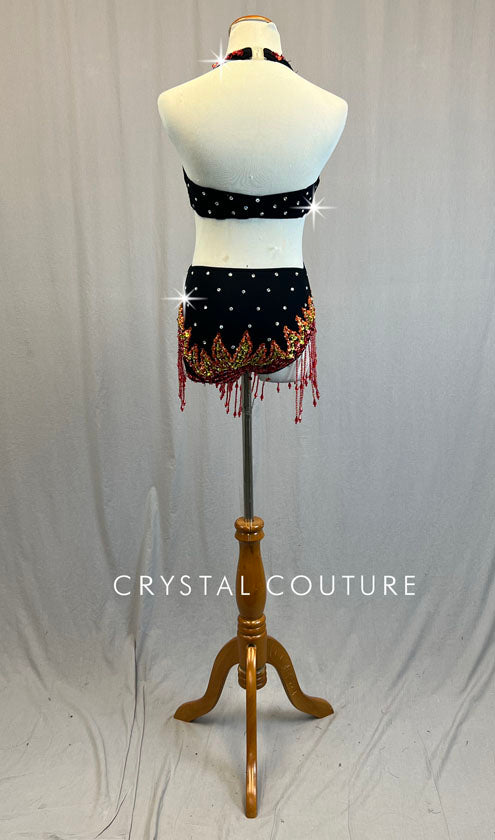 Black Halter Leotard with Red, Orange, & Yellow Beaded Appliques and Fringe - Rhinestones