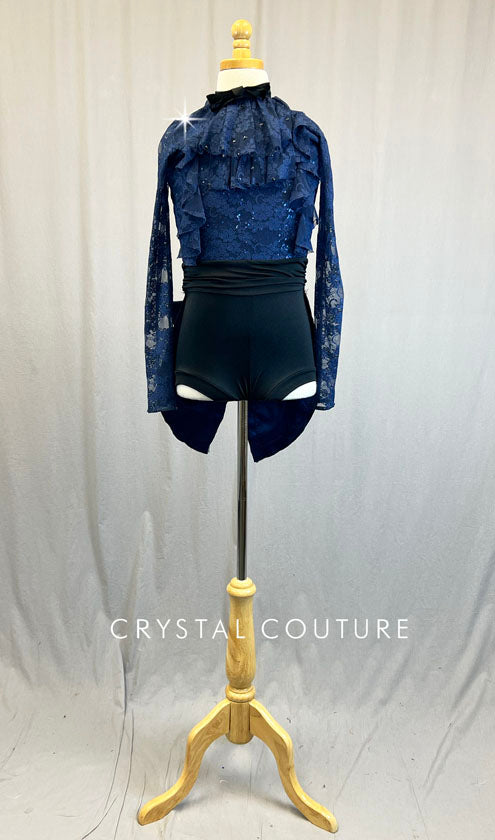 Navy Blue Lace Ruffle Biketard with Back Bow -Rhinestones