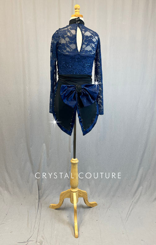 Navy Blue Lace Ruffle Biketard with Back Bow -Rhinestones