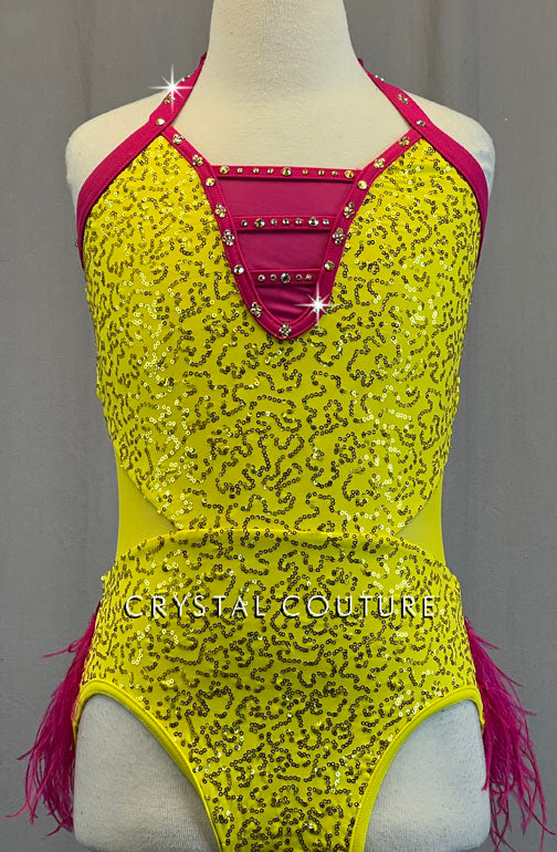 Yellow Zsa Zsa Leotard with Hot Pink Detailing and Ostrich Feathers - Rhinestones