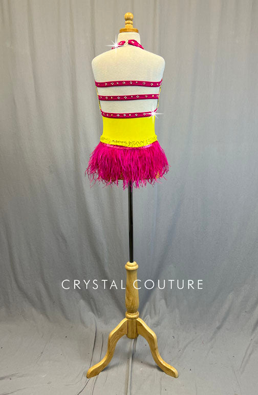 Yellow Zsa Zsa Leotard with Hot Pink Detailing and Ostrich Feathers - Rhinestones