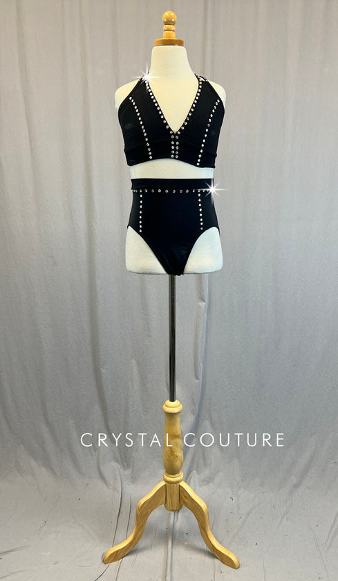 Black Strappy Back Top and High Waisted Trunks - Rhinestones