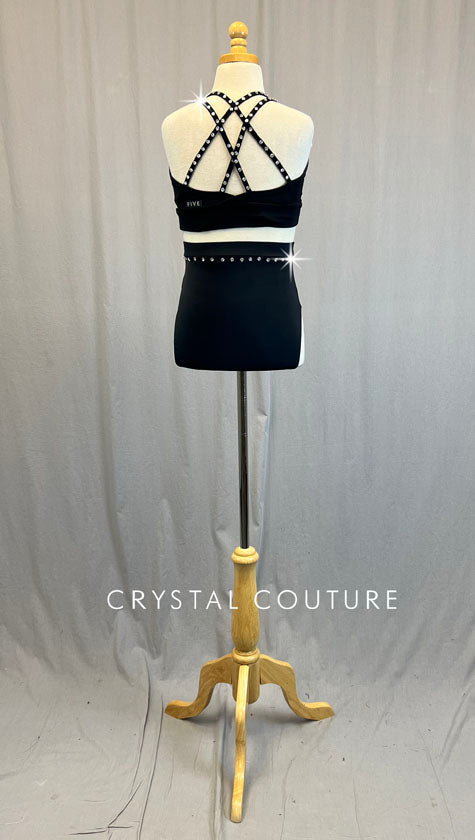 Black Strappy Back Top and High Waisted Trunks - Rhinestones