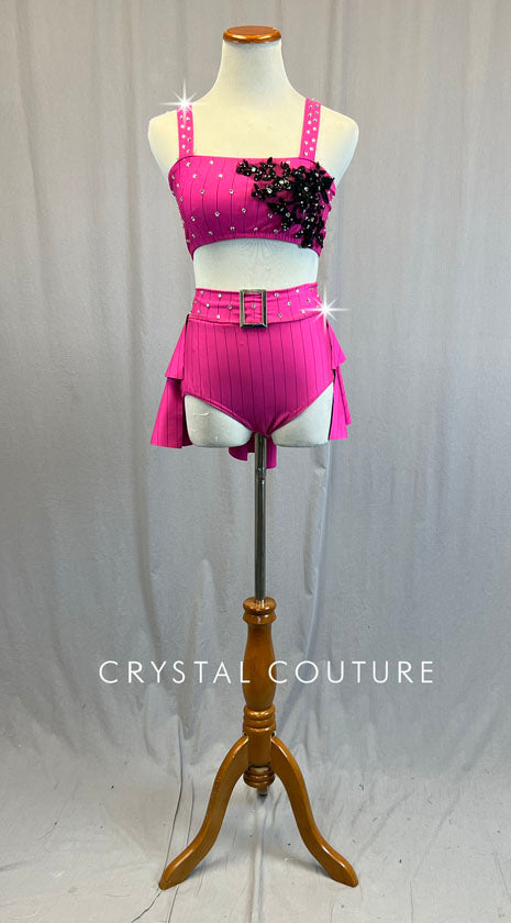 Hot Pink Pinstripe Top and Tiered Back Skirt with Appliques - Rhinestones