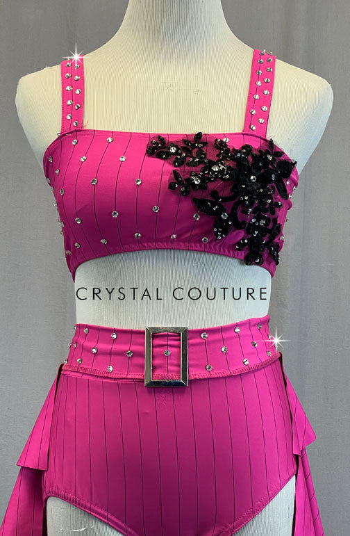 Hot Pink Pinstripe Top and Tiered Back Skirt with Appliques - Rhinestones