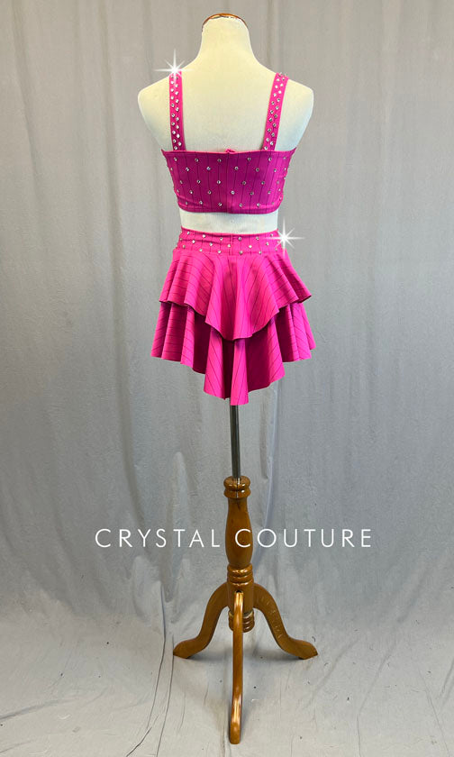 Hot Pink Pinstripe Top and Tiered Back Skirt with Appliques - Rhinestones