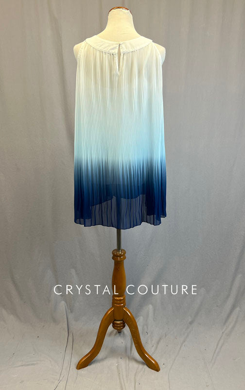 Blue Ombre Pleated Shift Dress with Appliques - Rhinestones