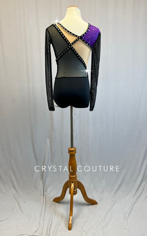 Purple & Black Mesh Long Sleeve Leotard with Gold Zsa Zsa - Rhinestones