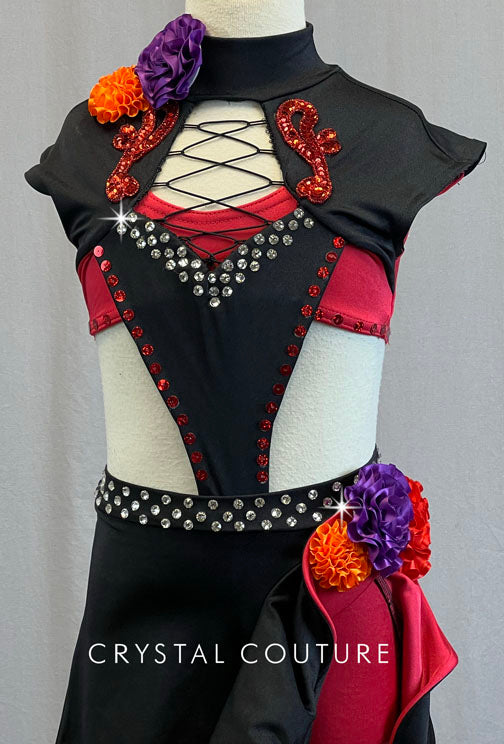 Black & Red Connected Bolero Top and Ruffle Skirt with Flowers - Rhinestones