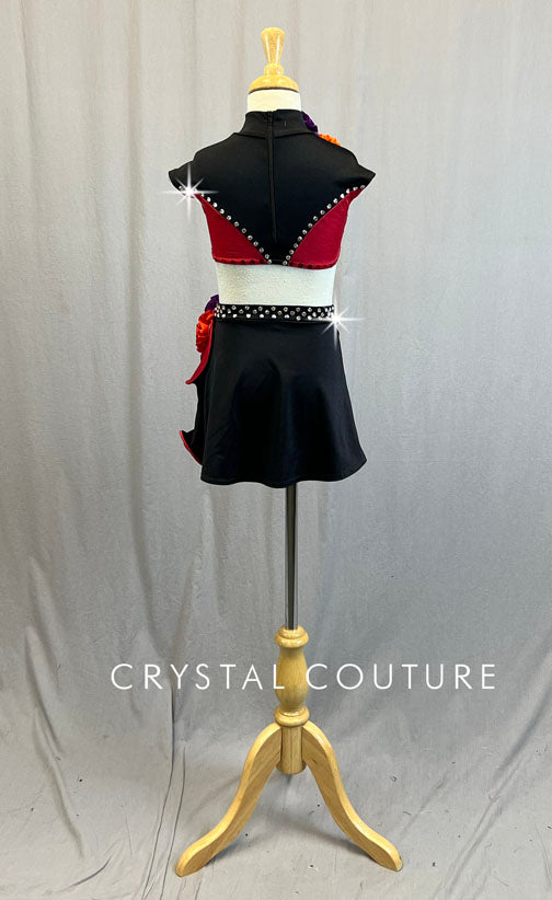 Black & Red Connected Bolero Top and Ruffle Skirt with Flowers - Rhinestones