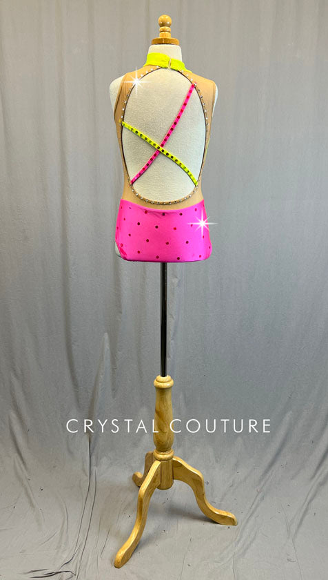 Neon Yellow & Hot Pink Asymmetrical Mock Neck Cutout Leotard with Nude Mesh - Rhinestones