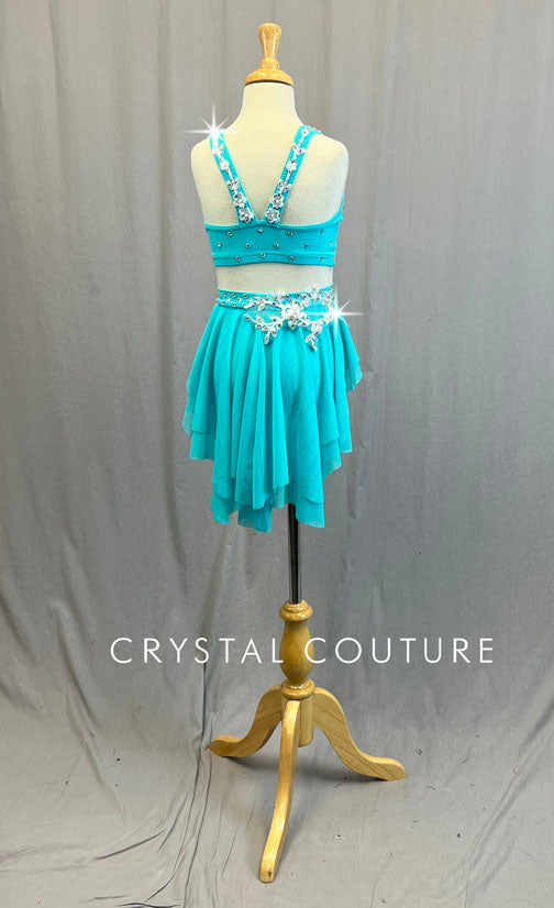 Aqua Blue Two Piece with White Appliques and Back Skirt - Rhinestones