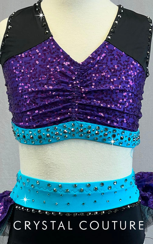 Custom Purple, Light Blue & Black Two Piece with Back Tulle Skirt - Rhinestones