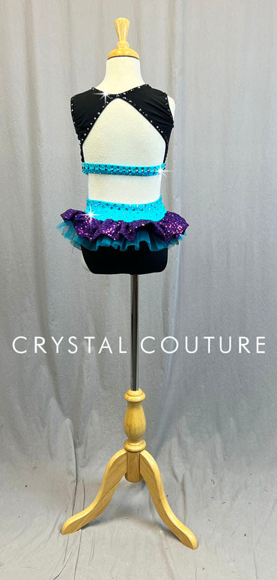 Custom Purple, Light Blue & Black Two Piece with Back Tulle Skirt - Rhinestones