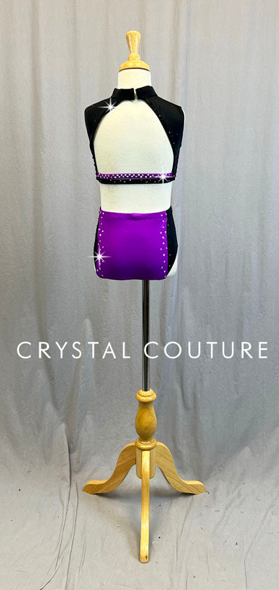 Custom Electric Purple & Black Crop Top Two Piece - Rhinestones