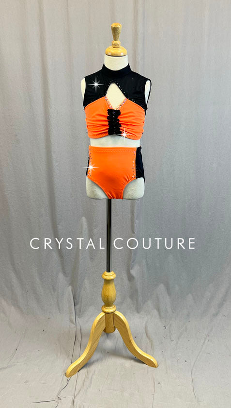 Custom Electric Orange & Black Crop Top Two Piece - Rhinestones