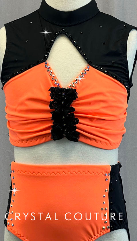 Custom Electric Orange & Black Crop Top Two Piece - Rhinestones