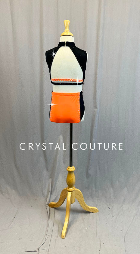 Custom Electric Orange & Black Crop Top Two Piece - Rhinestones
