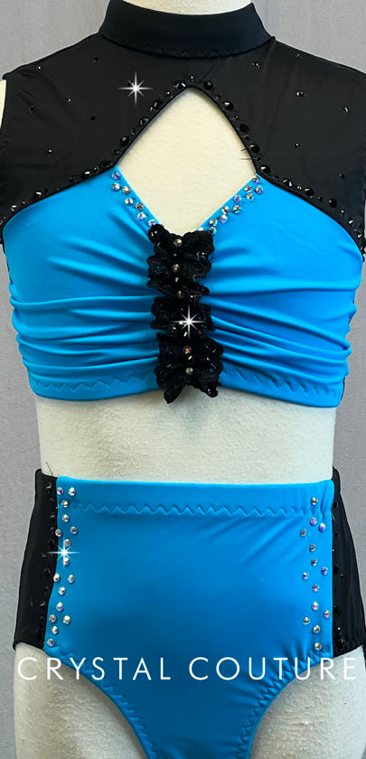 Custom Electric Blue & Black Crop Top Two Piece - Rhinestones