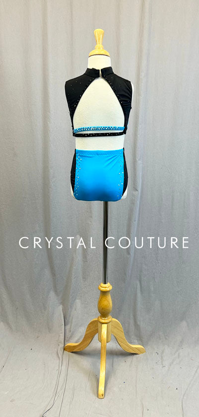 Custom Electric Blue & Black Crop Top Two Piece - Rhinestones