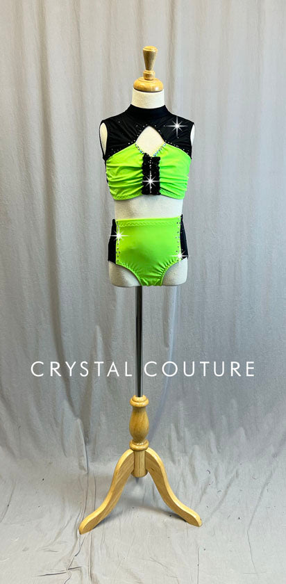 Custom Electric Green & Black Crop Top Two Piece - Rhinestones