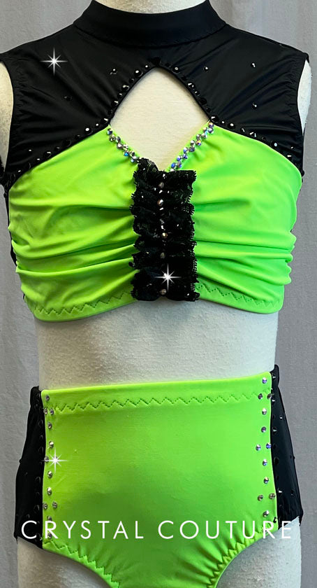 Custom Electric Green & Black Crop Top Two Piece - Rhinestones