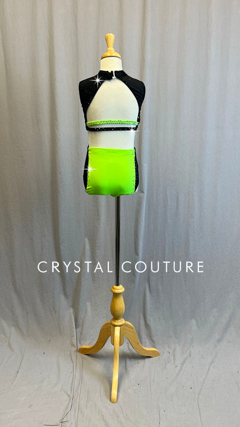 Custom Electric Green & Black Crop Top Two Piece - Rhinestones
