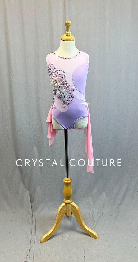 Custom Lilac Leotard with Light Pink Mesh Asymmetrical Skirt - Rhinestones & Appliques