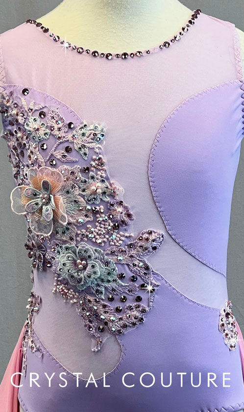 Custom Lilac Leotard with Light Pink Mesh Asymmetrical Skirt - Rhinestones & Appliques