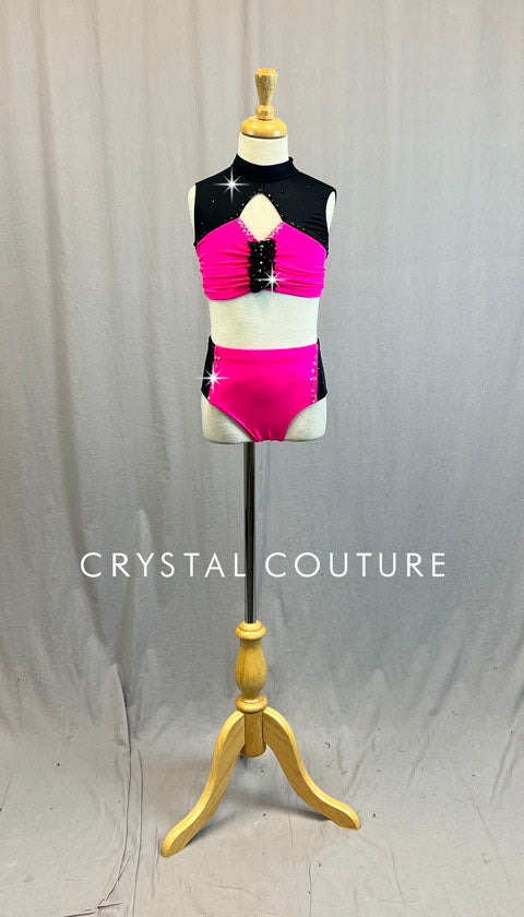 Custom Electric Pink & Black Crop Top Two Piece - Rhinestones