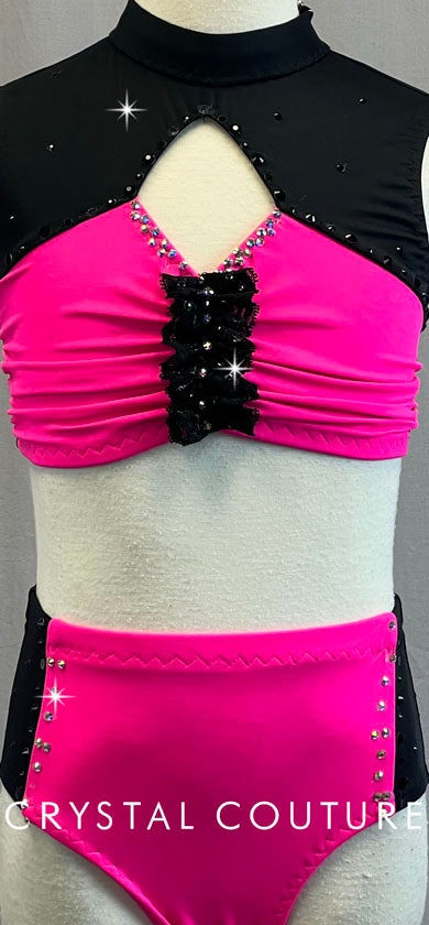 Custom Electric Pink & Black Crop Top Two Piece - Rhinestones