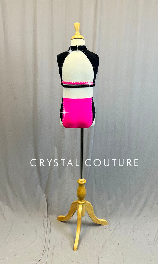 Custom Electric Pink & Black Crop Top Two Piece - Rhinestones