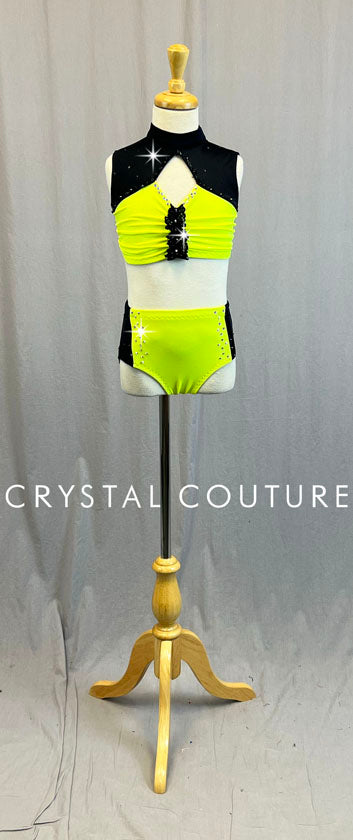 Custom Electric Yellow & Black Crop Top Two Piece - Rhinestones